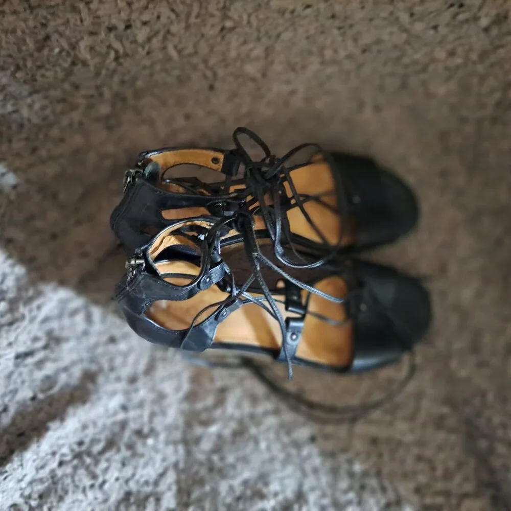 COACH-Barkley-Black Semi Matte Calf Leather Sandals-Lace Up/Back Zip-Sz 8-EX